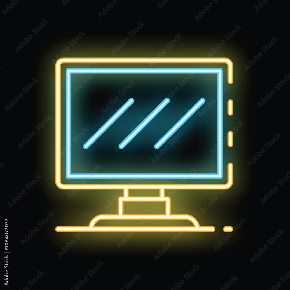 Poster glowing neon icon of a computer monitor displaying an abstract image on a black background