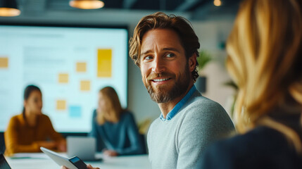 Fototapeta premium Team Collaboration Using Digital Tablets and Whiteboard in Modern Office