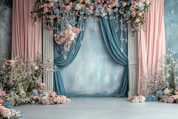 Enchanted Garden Photography Backdrop: Whimsical Garden Setting with Blue and Pink Florals, Lace, and Flowing Curtains for  Photoshoots
