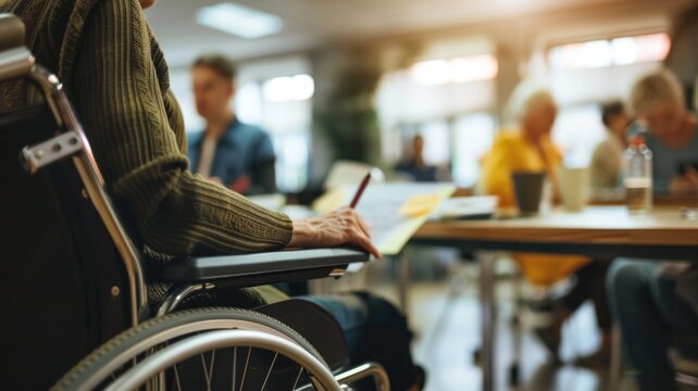 Inclusive office environment with wheelchair user in a team meeting