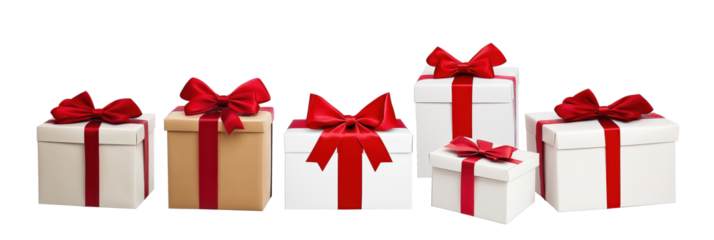 Collection of six gift boxes with red bows, white ribbons arranged in straight line against gray backdrop. Boxes vary in size, shape, with largest at front, smallest at back. Red bows, white ribbons