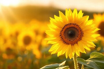 Fototapeta premium A vibrant sunflower basking in the sunlight, surrounded by a field of blooming sunflowers. A symbol of joy and summer.
