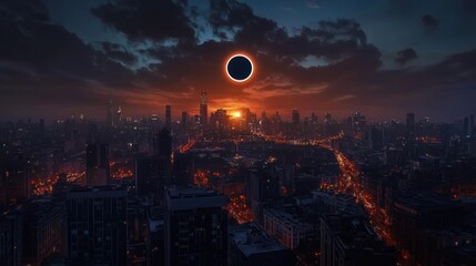 Obraz premium A total solar eclipse over a city skyline at sunset, with the moon silhouetted against the sun, creating a ring of fire effect. The city lights illuminate the streets below.
