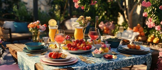 Fototapeta premium Summer brunch table set with fruit, drinks, and floral decor in an outdoor garden.