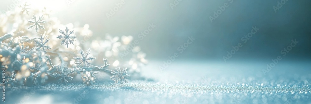 Poster glowing white snowflake pattern on a pale blue background, with a soft vignette for added depth, giv