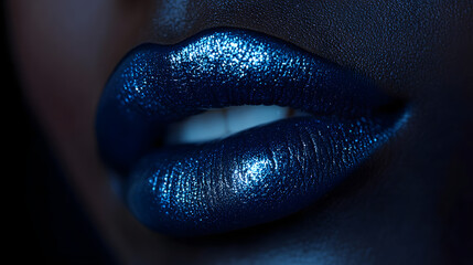A Stunning Extreme Close-Up of Bold Navy Blue Lips with Matte Finish, Rich Texture, and Professional Beauty Photography Techniques