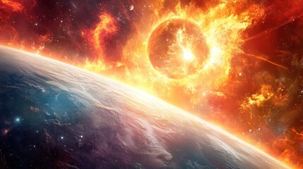 Fototapeta premium A fiery explosion in space, a large burning ball with a planet in the foreground.