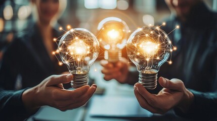 Innovative thinkers collaborate to ignite ideas with glowing light bulbs in a dynamic business environment