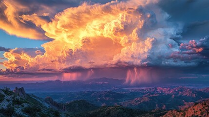Naklejka premium A dramatic storm cloud with a fiery orange glow illuminates the sky, with rain falling on the distant mountains.