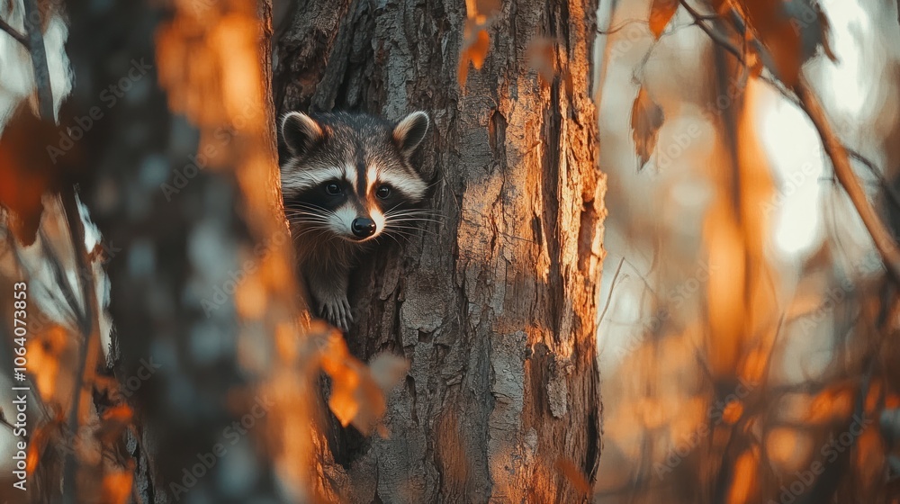 Poster a curious raccoon peeks from behind a tree trunk in a forest setting with autumn leaves in the backg
