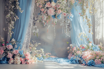 Enchanted Garden Photography Backdrop: Whimsical Garden Setting with Blue and Pink Florals, Lace, and Flowing Curtains for  Photoshoots
