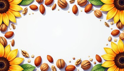 Illustration with copy space in the center, surrounded with nuts and seeds almonds, walnuts, and sunflower seeds