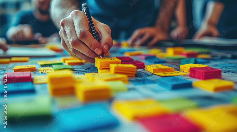 Poster a person writes on a colorful sticky note during a group brainstorming session in a vibrant workspac
