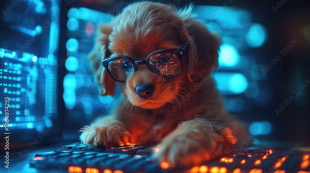 Aufkleber a playful puppy in glasses engages with a backlit keyboard while surrounded by bright screens in a d