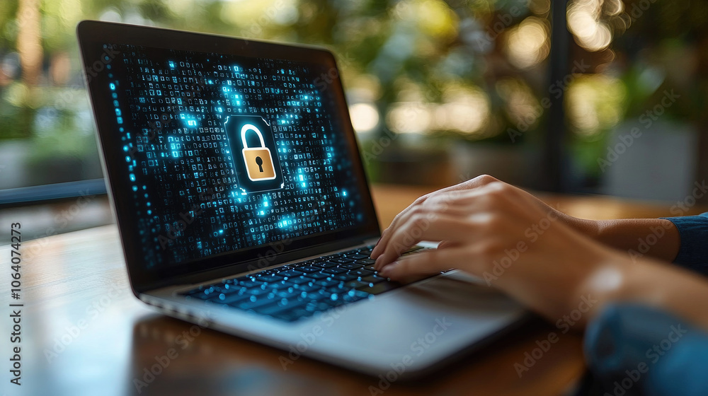 Poster fingers are typing on a laptop showing a padlock symbol on a high-tech display in a vibrant workspac