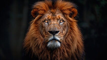 Muzzle of a big fluffy red lion on a black background