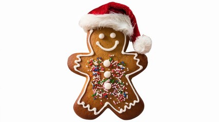 Gingerbread man cookie with Santa decoration, holiday-themed food item