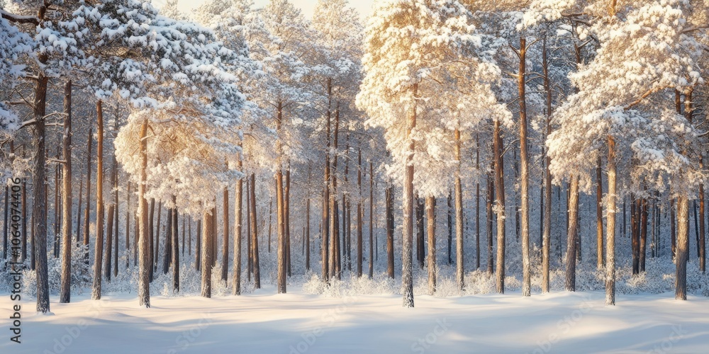 Poster idyllic winter landscape with tall pine trees covered in a thick layer of snow, illuminated by soft 