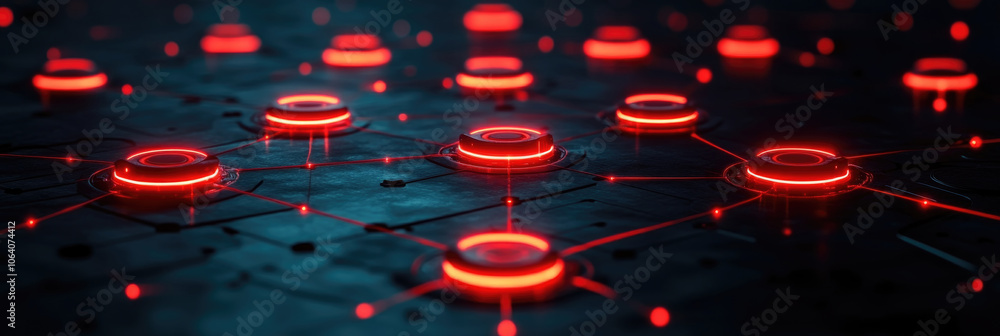 Poster a network of glowing red circles interconnected by bright lines is displayed against a dark backgrou