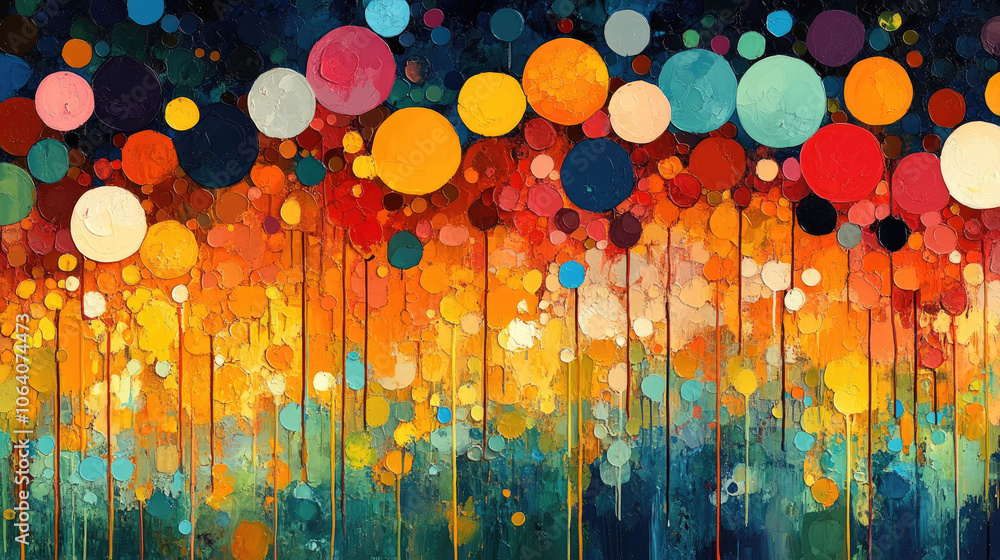 Poster an abstract piece showcasing an explosion of colorful circles and drips, blending warm and cool tone