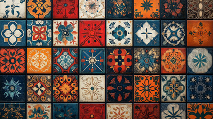 Vibrant Indian-Inspired Geometric Pattern: A Colorful Array Of Squares, Triangles, Circles, Flowers, Leaves, And Vines In Traditional Hues Of Red, Orange, Blue, Green, Purple, Gold, And Bronze, Featur