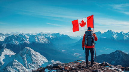 Obraz premium A hiker stands on a snow-dusted peak, waving a Canadian flag while surrounded by stunning mountain landscapes under a bright blue sky