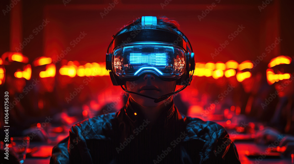 Poster participants engage in a virtual reality experience at a tech event, illuminated by red lighting and