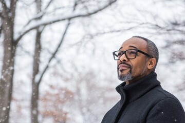 eyewear frame collection fashion, senior diverse black man wearing glasses in winter park - optics salon poster