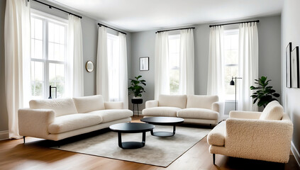 Fototapeta premium Minimalist, scandinavian home interior design of modern stylish living room with plush boucle sofas and black round coffee tables.