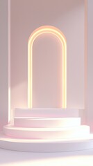 A white archway with neon lights shining through it