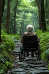 Fototapeta premium An elderly individual enjoys the tranquility of a forest path, surrounded by vibrant greenery and towering trees on a peaceful day