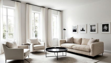 Fototapeta premium Minimalist, scandinavian home interior design of modern stylish living room with plush boucle sofas and black round coffee tables.