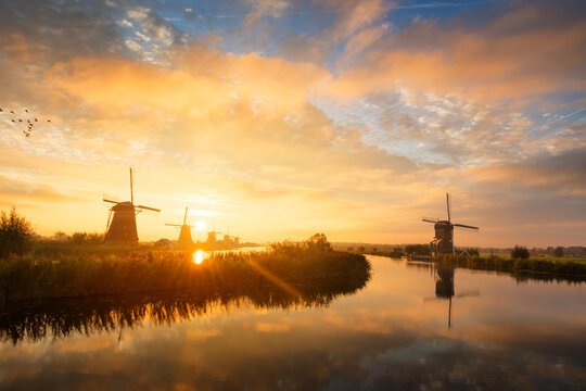 Summer morning landscape with windmills in Kinderdijk in Holland at sunrise