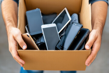 Man hands holding cardboard box with used digital tablets, computers, smartphones, electronic devices. Donation, charity, e-waste, electronic gadgets for reuse, refurbish, recycling concept