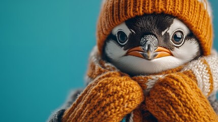 A cute penguin bundled up in a knitted hat and scarf, ready for the chilly weather