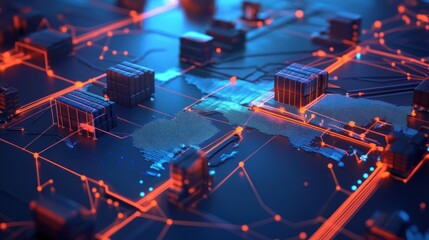 Obraz premium A futuristic abstract rendering of a network with glowing lines and data centers, representing the interconnected nature of data and technology.