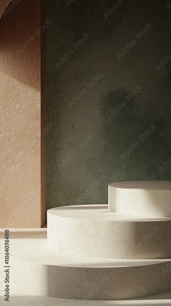 Poster a set of three steps with a curved wall in the background