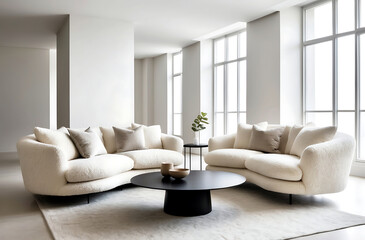 Fototapeta premium Minimalist, scandinavian home interior design of modern stylish living room with plush boucle sofas and black round coffee tables.