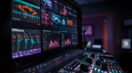 High-Tech Studio Control Room with features of video editing software for seamless post-production