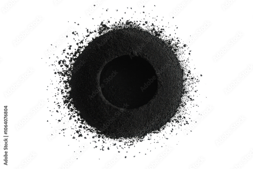 Poster black speck in circle shape with hole, isolated on transparent background. dark form stands out agai