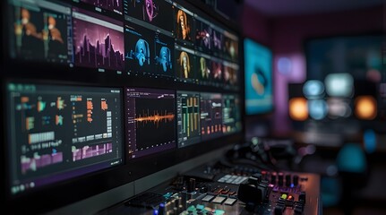 Obraz premium High-Tech Studio Control Room with features of video editing software for seamless post-production