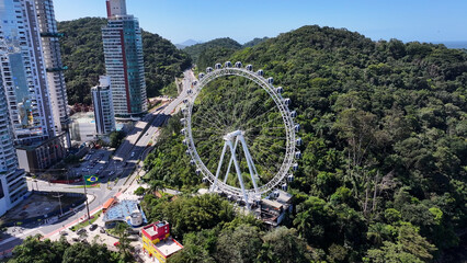 Camboriu Skyline At Balneario Camboriu In Santa Catarina Brazil. Landmark Ferris Wheel. Amusement Park Landscape. Touristic Attraction. Camboriu Skyline At Balneario Camboriu In Santa Catarina Brazil.