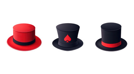 Collection of hats designed for magic tricks in red and black, highlighting the whimsical nature of magician performances, isolated on transparent PNG background
