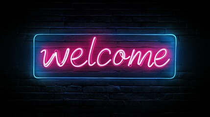 Bright neon welcome sign lighting up a brick wall in a cozy space during the evening hours © Olga