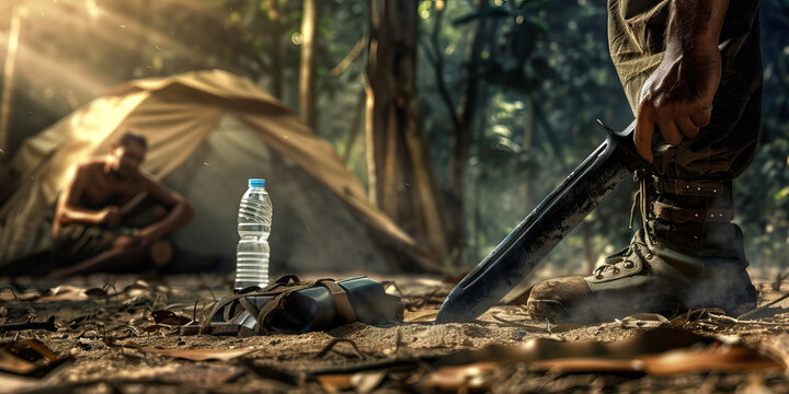 Jungle Juggernaut: A hidden campsite, a machete, and a water bottle. - Powered by Adobe
