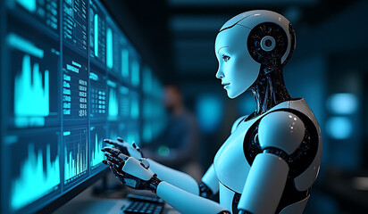 futuristic robot analyzes digital data advanced technology features represents modern ai concepts effectively efficiently always