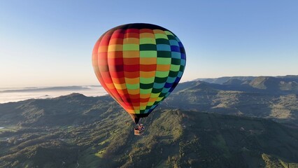 Scenic Balloon At Praia Grande In Santa Catarina Brazil. Colorful Balloon. Mountains Landscape. Sunset Skyline. Scenic Balloon At Praia Grande In Santa Catarina Brazil. Canyons Background. 