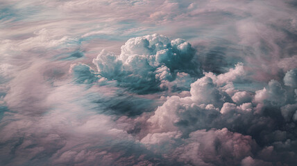 Naklejka premium Aerial view of ethereal clouds in soft pastels, creating a dreamy atmosphere reminiscent of a serene sunset or dawn, blending shades of pink and blue.