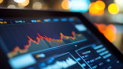 a financial dashboard with stock market data and analytics displayed on a tablet