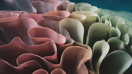 Obraz premium A mesmerizing underwater scene featuring colorful, wavy coral formations in shades of pink and green, creating a serene and vibrant marine environment.